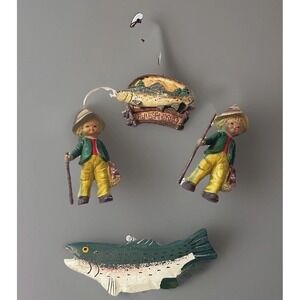 Vintage Fishing Christmas Ornaments Lot Rustic Cabin Fisherman Trout Set of 4